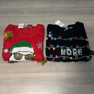 Ugly Christmas Sweater Bundle Lot of 2 Size L Large Tinsel Jingle Bells Sequins